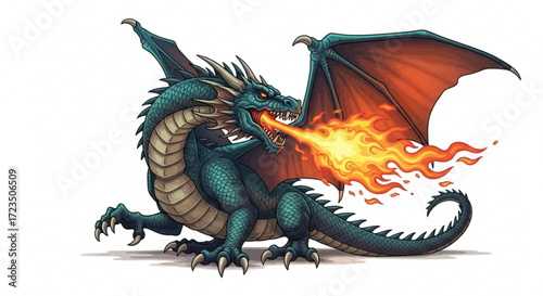 A formidable dragon breathes fire, showcasing its power and majesty against a clean
