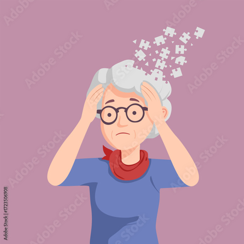 Frustrated old woman suffer from dementia loss memory. Confused senior male struggle with Alzheimer disease. Elderly healthcare and medicine concept. Flat vector illustration.