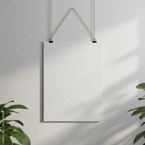 Blank poster mockup clipped on string displayed against clean white wall