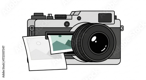 Illustration of a camera with instant photos coming out, the camera is gray and black with a large lens