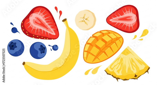 Colorful fruit illustration featuring banana strawberry blueberry mango and pineapple for healthy eating concept