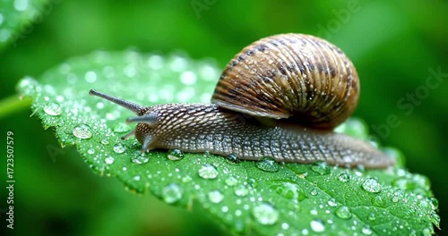 A solitary snail navigating a vibrant, moss-covered forest floor, emphasizing its slow, deliberate journey amidst natural foliage and dappled sunlight. no data