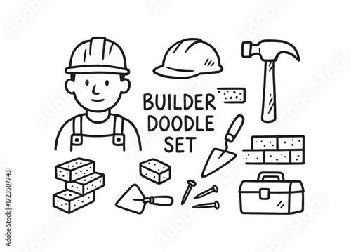 Hand-drawn builder doodle set with tools and young male figure in hard hat