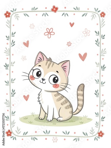 cat with heart, A simple drawing of a kitten with hearts and flowers in a frame
