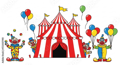 Colorful circus tent with clowns and balloons vector illustration for kids party and event invitation design