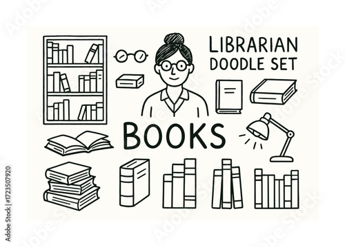Illustrated librarian doodle set with books and reading elements