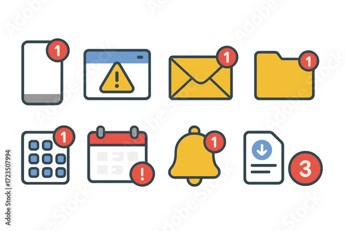 Notification, alert flat icon set. email, message, folder alert flat icons collection.