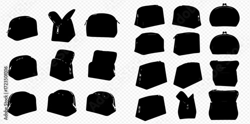 Silhouetted collection of cosmetic bags and small purses in various shapes and orientations against a checkered background.