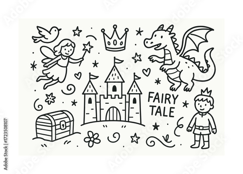Whimsical fairy tale scene with castle, dragon, and fairy figures