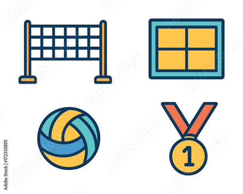 Volleyball icons: net, court, ball, and gold medal illustrations