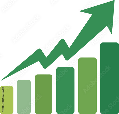 Green bar chart with upward trending arrow showing financial growth and success. business graph with arrow