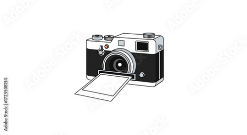 A vintage camera with a blank instant photo coming out, rendered in black and white it has a classic design