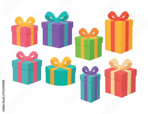 Colorful gift boxes with ribbons in various shapes and sizes on white background