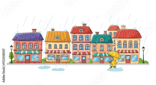 Cartoon rainy day town street scene vector illustration with building storefronts and person with umbrella 100