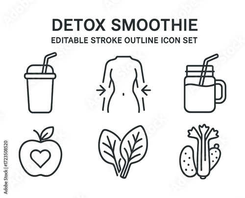 Detox smoothie icon set with fruits and veggies outline