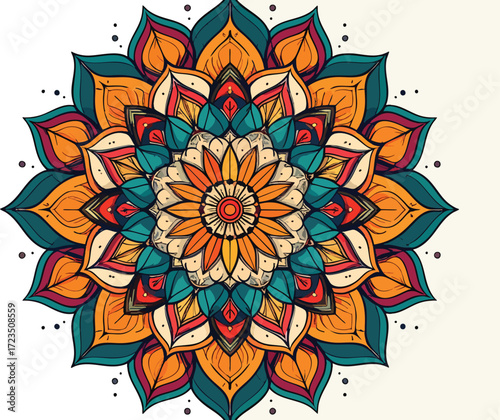 Vibrant ornamental mandala design with intricate floral patterns, a colorful generative shape fill vector template for spiritual art