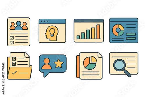 Business and analytics flat icon set. data, report, strategy, management, graph icons.