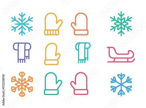 Colorful winter icons: snowflakes, mittens, scarves, sled in minimalist design