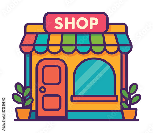 Colorful cartoon shopfront with awning and plants