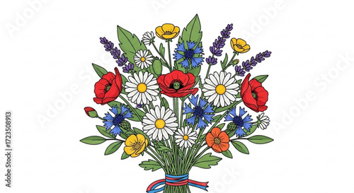 Beautiful wildflower bouquet illustration with poppies daisies and cornflowers for floral design needs