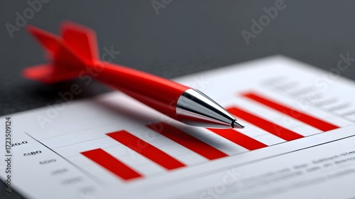A close-up view of a red arrow pointing towards a graph or chart displaying financial data and statistics on a business report or analytical document.