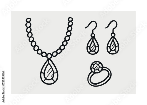 Elegant jewelry set with necklace, earrings, and ring in minimalist line art style