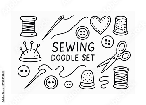 Hand-drawn sewing doodle set with needle, thread, scissors and thimble