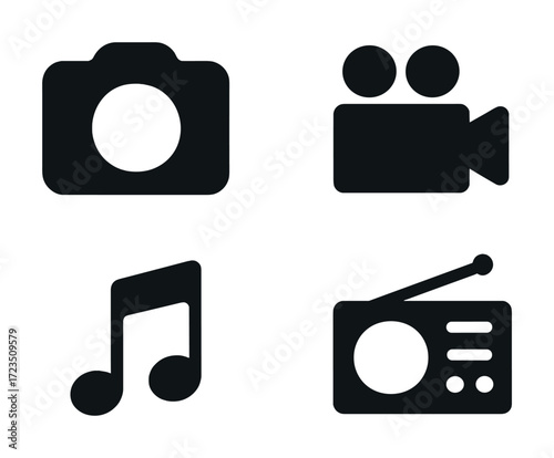 Monochrome icons: camera, video, music note, radio in black and white design