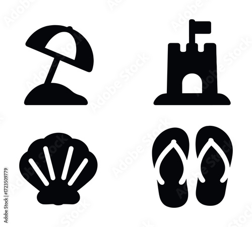 Beach icons: umbrella, sandcastle, shell, flip-flops - summer symbols set