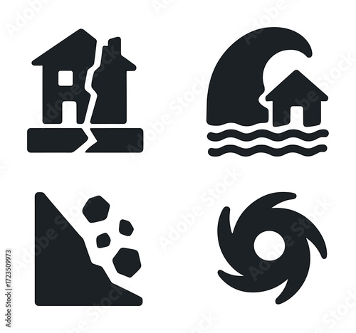 Natural disaster icons: earthquake, tsunami, landslide, cyclone