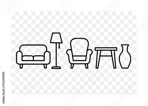 Black and white outline icons of sofa, lamp, armchair, table, and vase