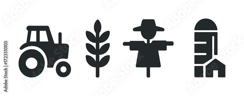Silhouette icons of farm life: tractor, crop, scarecrow, silo