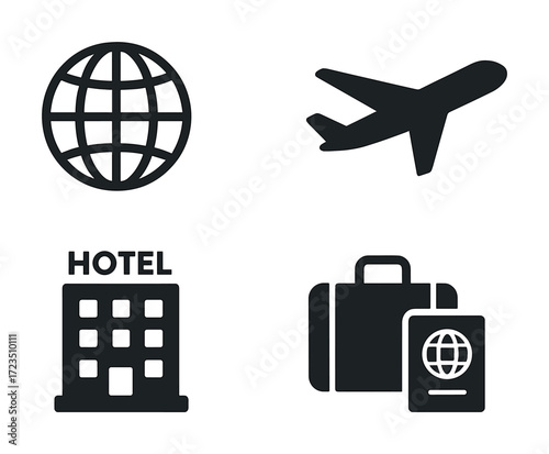 Travel icons including globe airplane hotel and suitcase with passport symbols