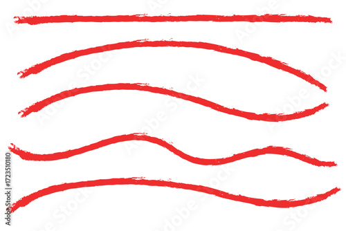Red paint brush stroke lines and wave shapes collection. Hand drawn bold grunge borders with rough edges and textured ink effect. underline elements, abstract strokes for highlight
