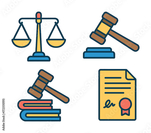 Legal icons: scales, gavel, books, certificate illustrating justice and law