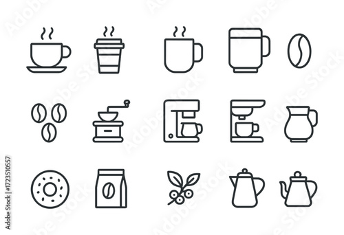 Coffee icon set: cups, beans, grinder, mug, pot, espresso machine line art