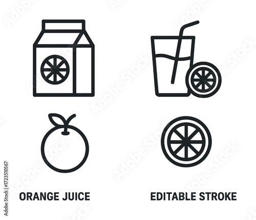 Orange juice carton and glass icon set with straw and slice illustrations