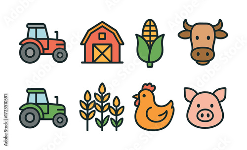 Farm icon set featuring tractor, barn, corn, cow, wheat, chicken, and pig