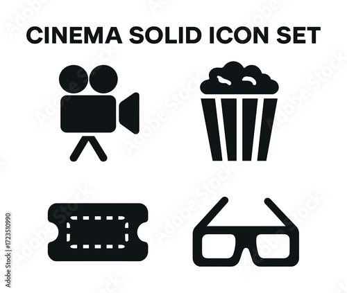 Cinema icon set: camera, popcorn, ticket, 3d glasses symbols