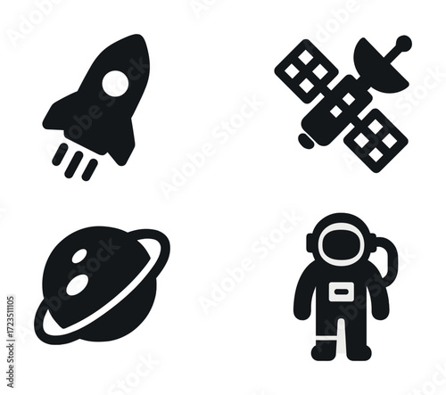 Space exploration icons: rocket, satellite, planet, astronaut