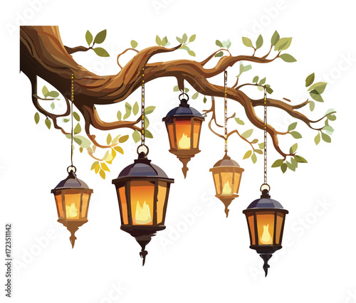 vintage hanging lanterns with warm yellow light, suspended from a gnarled tree branch in a dark, atmospheric forest setting	