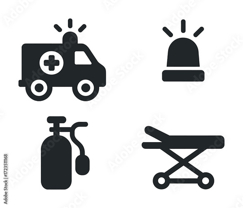 Emergency medical icons set: ambulance, siren, oxygen tank, stretcher