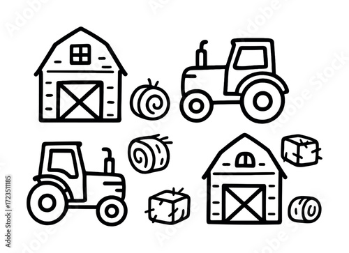 Barns, tractors, and hay bales icon set on white background