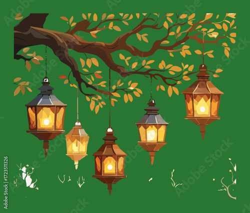 Fantasy woodland scene with three antique lanterns hanging from gnarled, mossy tree branches, creating a warm, magical atmosphere in the dark forest	