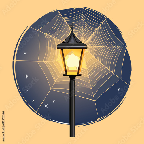 Black street lamp covered with a dense spiderweb, casting a bright, eerie yellow light against a dark blue and gold background, highlighting the ominous details	
