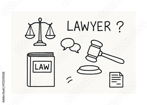 Lawyer career concept: scales, book, gavel, and chat bubbles illustration