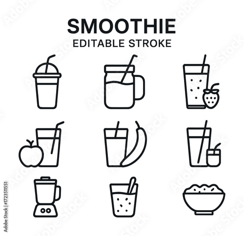 Smoothie icon set: blender, fruit, glasses, bowl with editable stroke design