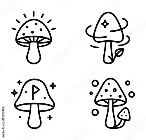 Set of four decorative mushroom line art icons with various designs