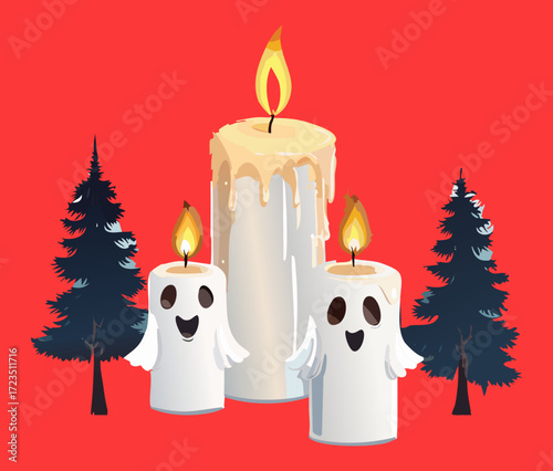 Whimsical Halloween scene featuring three ghost candles with a burning flame, set against a red background with pine trees and a full moon	