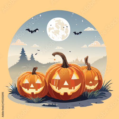 Spooky nocturnal Halloween landscape featuring jack-o'-lanterns under a full moon, with bats flying across a twilight sky, perfect for a banner	